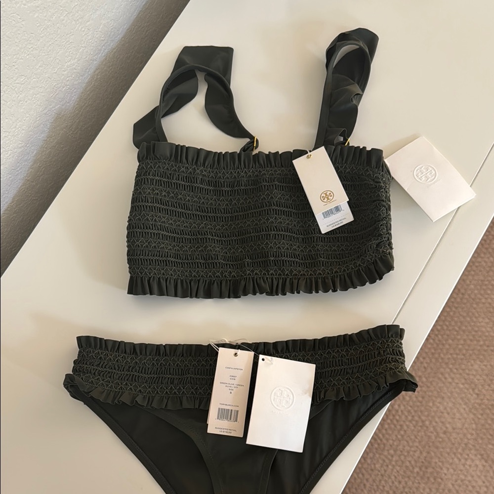 Tory Burch olive green bikini, set size small brand new with tags